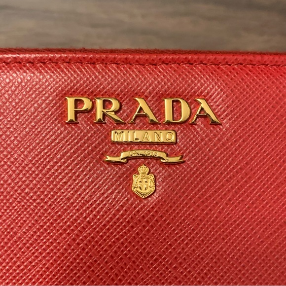Prada Fuoco (Cherry Red) Saffiano Leather Compact Zip Around Wallet - Picture 6 of 8